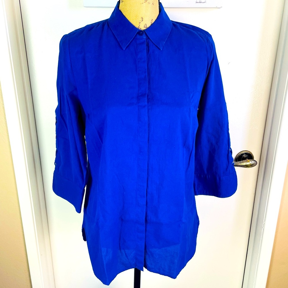 Chico’s Cotton 100% Royal Blue Long Sleeve Women New Shirt Straps Sleeve Size 0